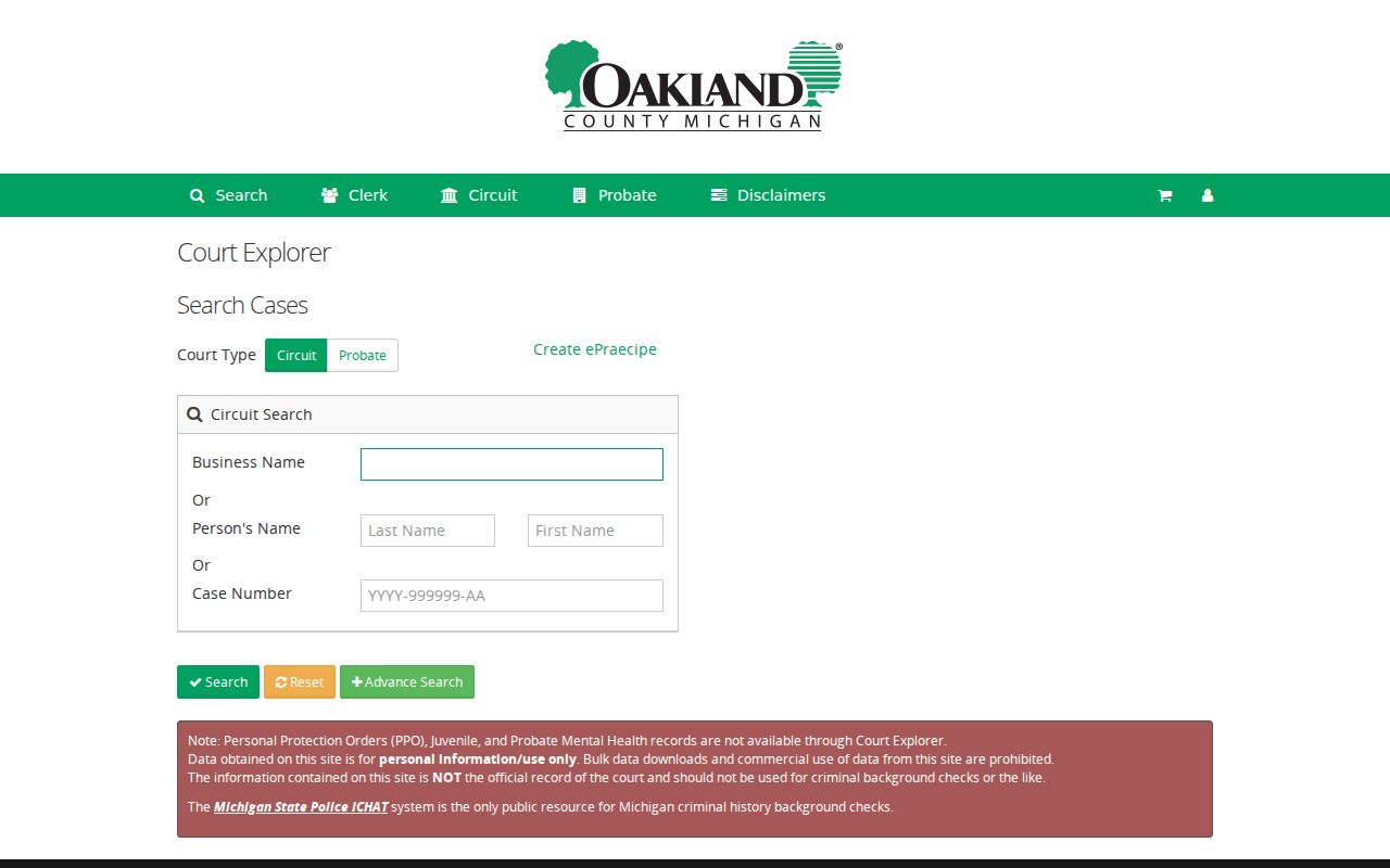 Madison Heights resident lookup through Oakland County Court Explorer case search